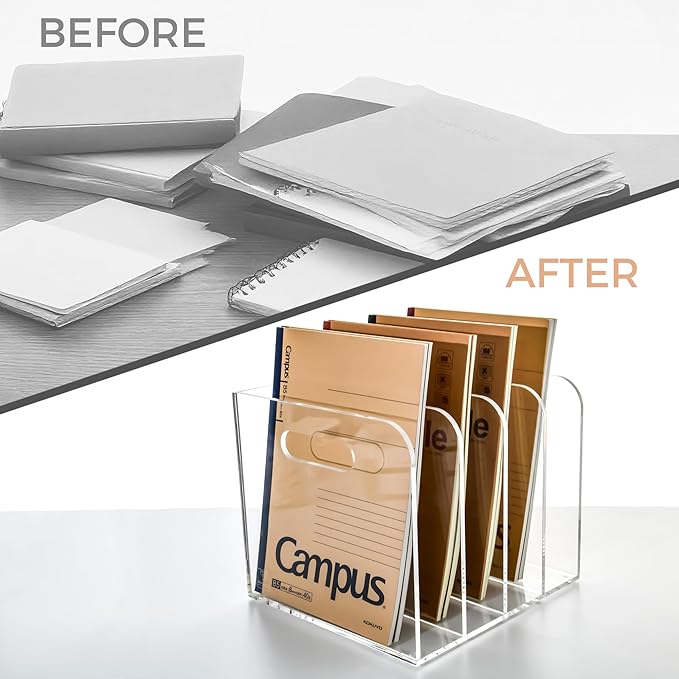 AIMOLLY 4 Vertical Compartments File Holder, Clear Acrylic Desk Organizer and Storage Bins Holding for Magazines, Binders, Notebooks, Envelopes, Multi-purpose Document Organizer for Home Office