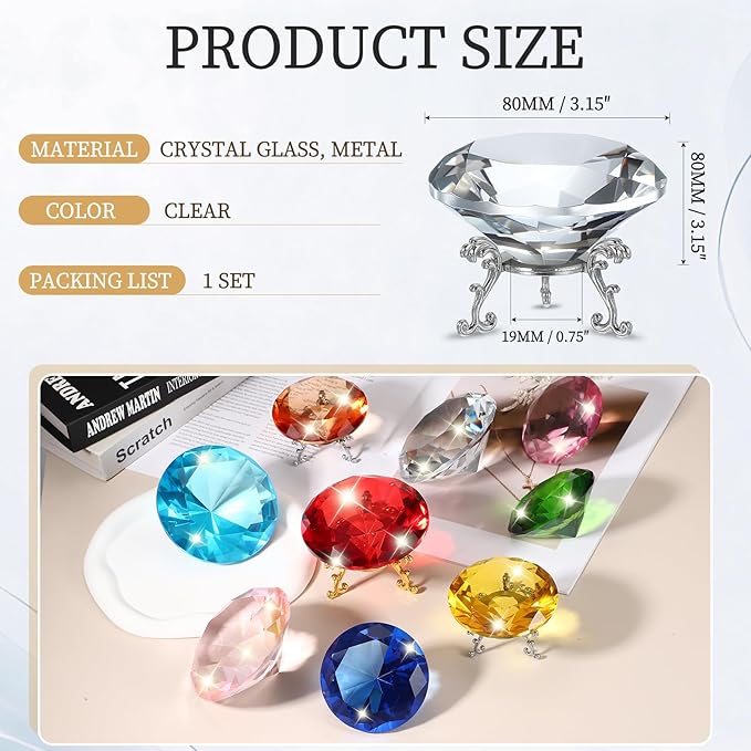 PATIKIL Diamond Crystal Paperweight, 80mm / 3.15" Crystal Paperweight Paper Weight with Silver 19 Metal Base for Home Office Desktop Table Decor Wedding Party Ornaments, Clear