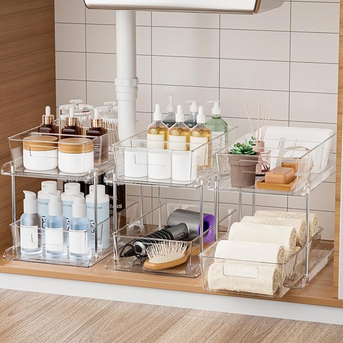 Fabspace 3-Pack Pull-Out Home Organizers, 2 Tier Clear Bathroom Organizer with Dividers, Multipurpose Vanity Counter Tray, Kitchen, Closet Organizers and Storage Container Bins for Cabinet, Pantry