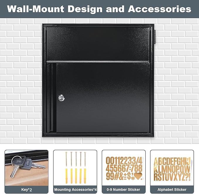 Large Wall Mount Mailbox with Lock and Outgoing Mail Flag for Outside, Steel Locking Security Mail Box with Number Stickers for House Outside, 14.8" x 6.9" x 15.4", Rainproof, Black