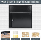 Large Wall Mount Mailbox with Lock and Outgoing Mail Flag for Outside, Steel Locking Security Mail Box with Number Stickers for House Outside, 14.8" x 6.9" x 15.4", Rainproof, Black