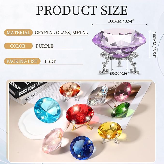 PATIKIL Diamond Crystal Paperweight, 100mm / 3.94" Crystal Paperweight Paper Weight with Silver 25 Metal Base for Home Office Desktop Table Decor Wedding Party Ornaments, Purple