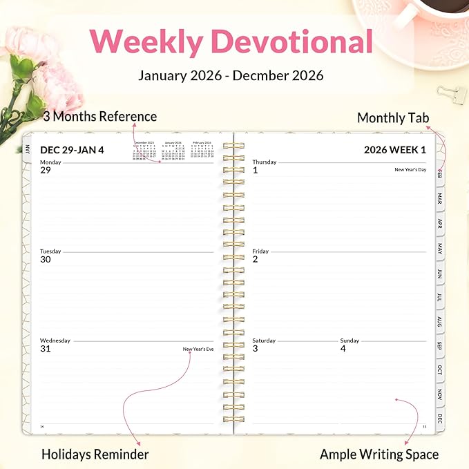 SUNEE 2026 Planner, Weekly and Monthly Calendar Planner, January 2026-December 2026, Daily Agenda with Tabs, Note Pages, Spiral Binding, 6.4"x8.3", Watercolor Flowers