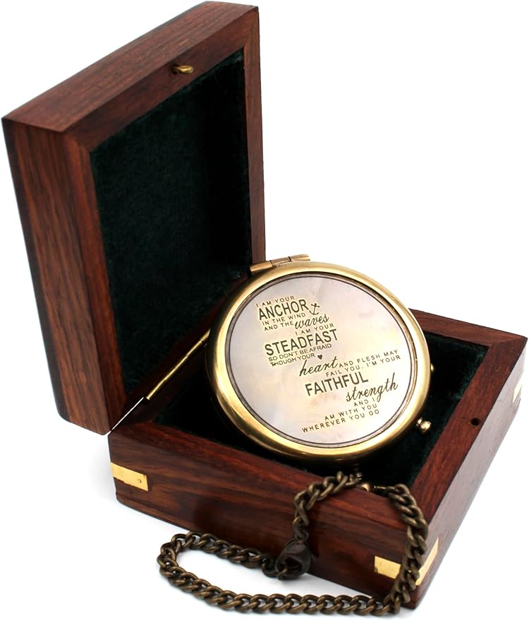 US HANDICRAFTS I Am Your Anchor, Faithful, Strength Engraved Brass Compass | Portable Sentimental Son Birthday, Graduation, Confirmation, & Baptism Gift with Wooden Box and & Chain