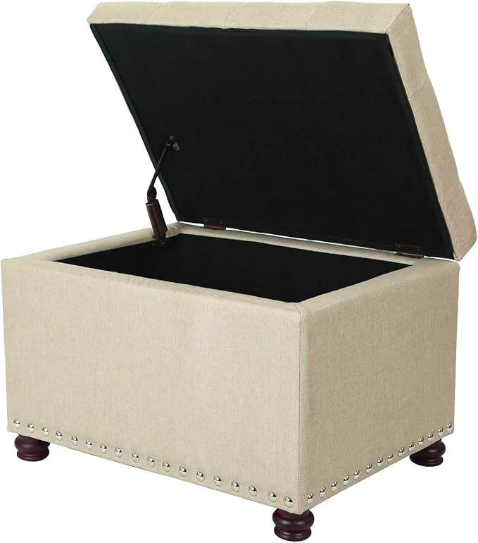 Decent Home 24" Storage Ottoman, Fabric Ottoman Foot Rest Stool with Hinged Lid, Tufted Rectangle Upholstered Footstool, Load Up to 350 lb, for Living Room, Bedroom, Dorm, Tan