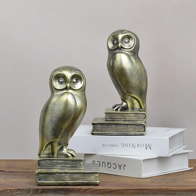 Kakizzy Vintage Gold Owl Bookends,Resin Animal Decorative Book Ends for Shelves,Book Holder with Anti-Slip Base,Luxurious Bird Bookends for Kids Rooms Office Home Decor,Unique Book Lover Gift