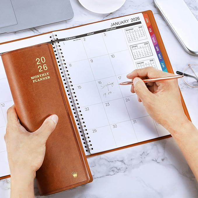 2026 Monthly Planner - 2026 Calendar/Planner 12 Months with Faux Leather, 8.86" x 11.4", Jan.2026 - Dec.2026, 15 Notes Pages, Strong Twin - Wire Binding, Pocket, Monthly Tabs, Perfect Organizer
