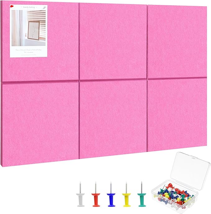 Large Cork Board 36" x 24", 6 Pack Felt Wall Tiles with Colored Pushpins, Bulletin Board with Removable Self-Adhesive Strips, Pin Board Cork Boards for Walls Office Home-Hot Pink