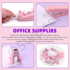 Swpeet 9Pcs Pink Office Supplies Kit, Desk Accessories Including Stapler, Tape Dispenser, Staple Remover, Tabs, Scissors, Staples, Tape, Clips and Sticky Note Ideal for Office and School
