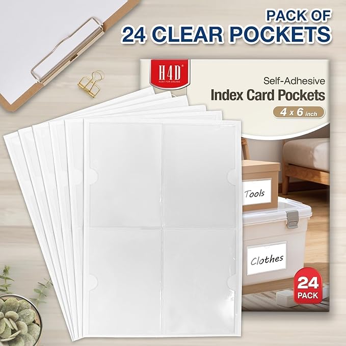 H4D 24 Pack Labels for Storage Bins, 4" x 6" Plastic Clear Adhesive Index Card Holders, Tote Label Pockets for Organizing Storage, Library Card, Shelves