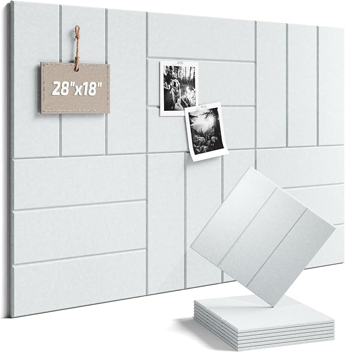 Fluxynara Felt Bulletin Board Tiles -28"x18" with 40 Adhesive Tabs, Cork Board Alternative for Office Decor, Push Pin Board Wall Organizer 6-Pack (Cold White)