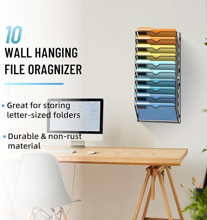 SUPEASY 10-Tier Wall File Holder Organizer with Hooks, Mesh Hanging File Organizer, Mail Organizer Wall Mounted for Papers, Folders, Office Magazine Rack, Black, 2Pack