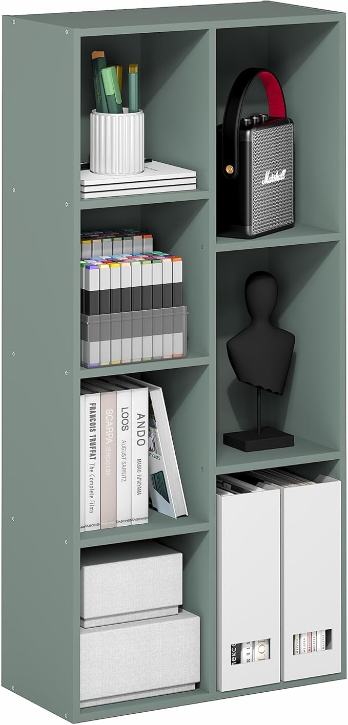 Furinno LUDER Book Shelf, 7-Cube Bookshelf, Bookcase, 9.4" x 19.5" x 41.7", for Living Room, Bedroom, Home Office, Sage Green