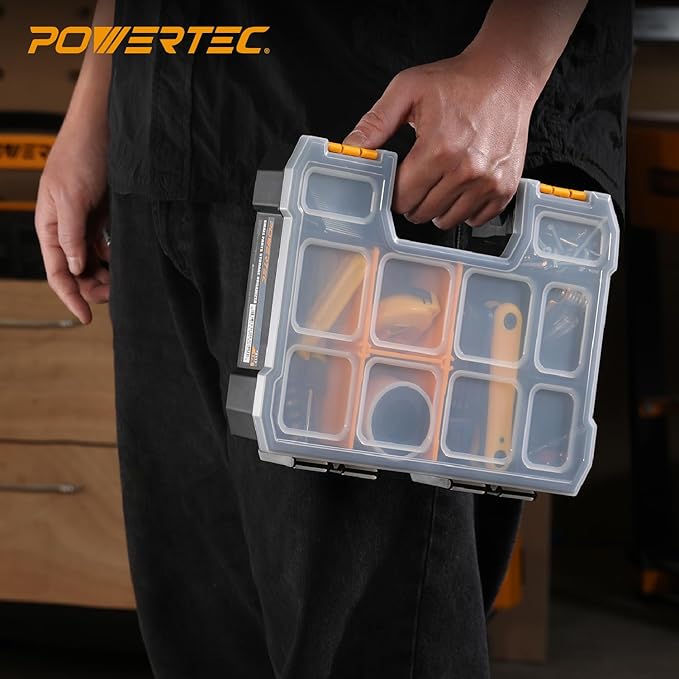 POWERTEC Small Parts Organizer & Tool Box – 10 Compartments, Stackable Storage with Removable Dividers, Clear Lid, Portable Design, 3-Pack (72117-P3)