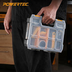 POWERTEC Small Parts Organizer & Tool Box – 10 Compartments, Stackable Storage with Removable Dividers, Clear Lid, Portable Design (72117)