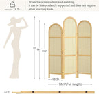 3-Panel Hand-Woven Rattan Room Divider, Tall Foldable Privacy Screen with Wooden Frame - Freestanding Portable Partition for Home Office, Bedroom, Bathroom(Natural-Wave)