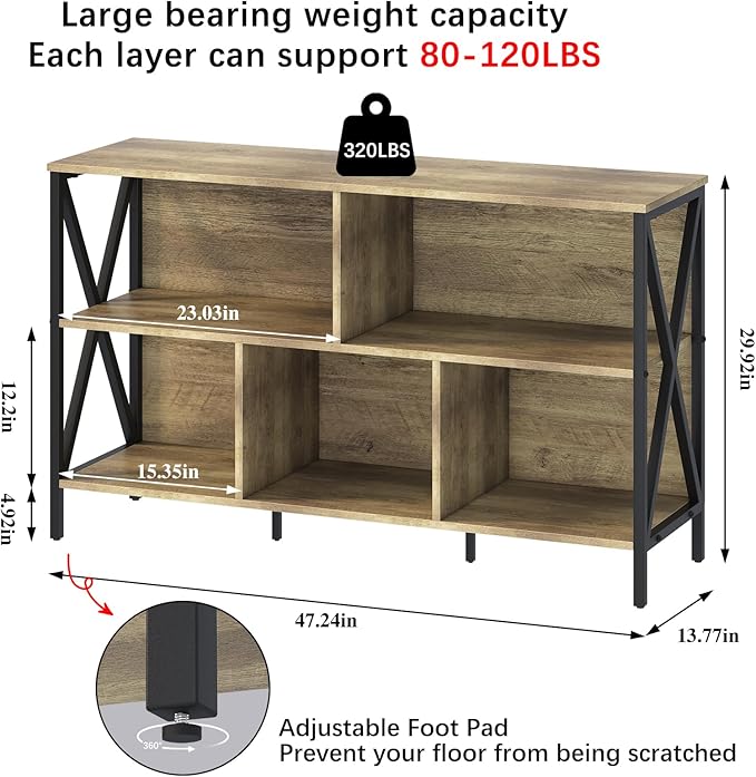 Horizontal Bookshelf,Industrial Modern 5 Cube Low Wide Cubby Bookcase with led Light,Long Wood and Metal Storage Organizer Open Shelf, Short Book Shelf Bedroom Storage for Home Office Living Room(Oak)