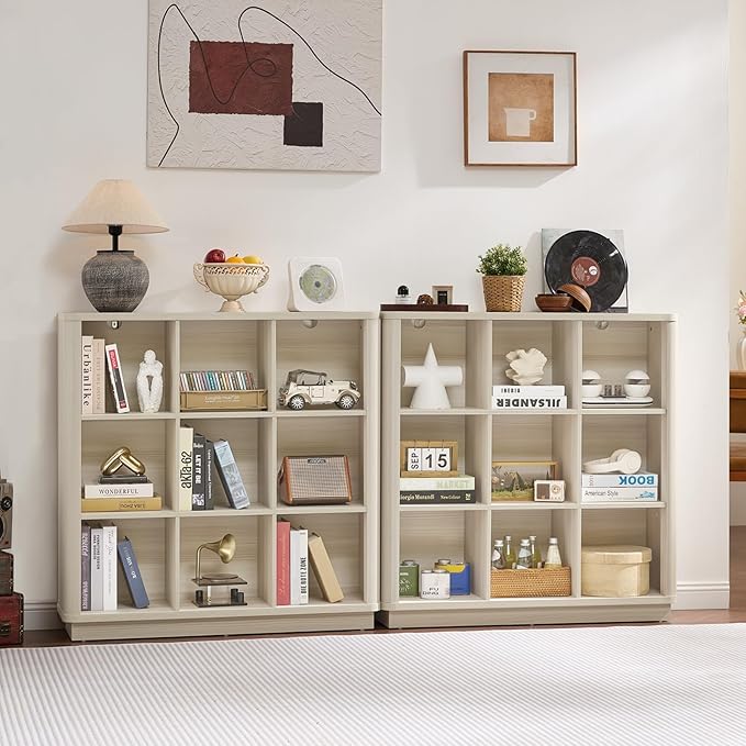 Joaxswe 9 Cube Storage Book Shelf, 41" Tall Organizer Bookcase with Curved Edge, Wood Floor Standing 3-Tier Cubby Bookshelf with Base, Vintage Display Book Case for Bedroom,Office,Grey-White Cream Oak