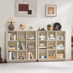 Joaxswe 9 Cube Storage Book Shelf, 41" Tall Organizer Bookcase with Curved Edge, Wood Floor Standing 3-Tier Cubby Bookshelf with Base, Vintage Display Book Case for Bedroom,Office,Grey-White Cream Oak