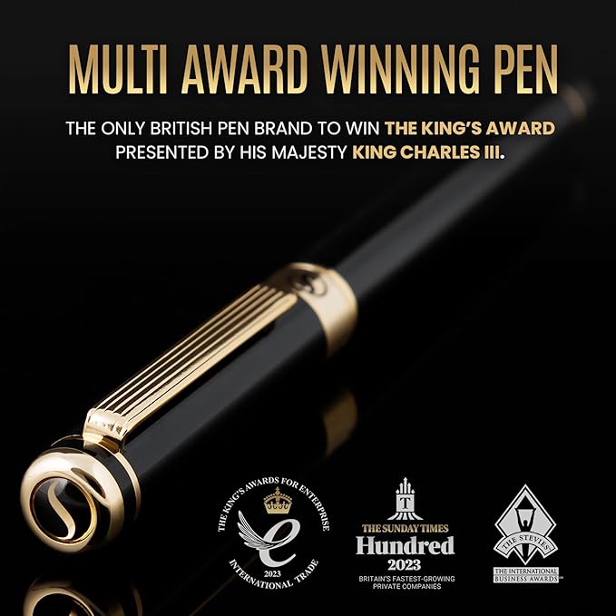 Scriveiner Luxury Fountain Pen - Stunning Black Lacquer Pen, Real Gold Finish, Schmidt Gilded Nib (Broad), Converter, Best Pen Gift Set for Men & Women, Professional, Executive, Office, Nice Pens