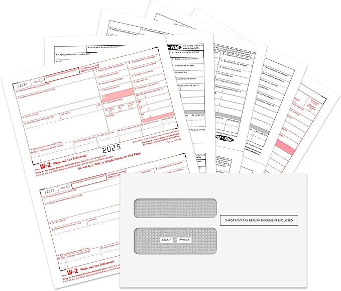 W2 Forms 2025, 6 Part Tax Forms, 25 Employee Kit of Laser Forms Designed for QuickBooks and Accounting Software, 25 Self Seal Envelopes Included