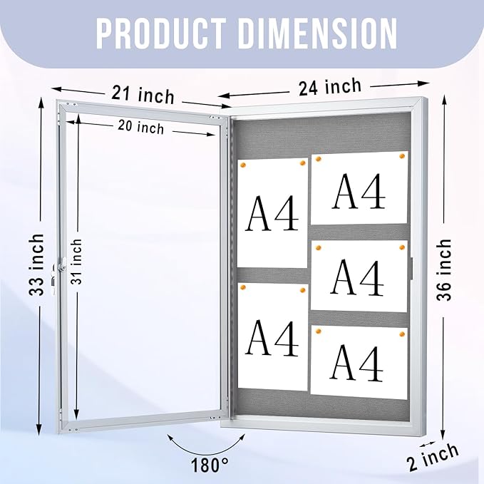 Homezelle Enclosed Bulletin Board 36"x24" Outdoor Weatherproof Cork Noticeboard with Locking Door Wall-Mounted Gray Fabric Silver Aluminium Frame for Home, School, Office, Community, Hospital