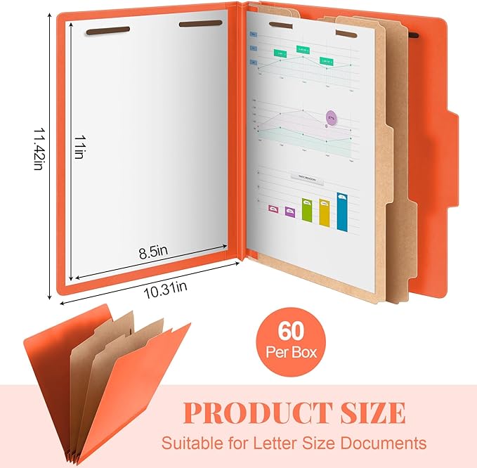 Skyygemm 60 Pcs Classification Folders Letter Size, 2 Divider Pressboard File Folders with 3. 5 Inch Expansion, 2 Prongs Fastener, Heavy Duty Office File Organizers for Teachers, Medical (Orange)