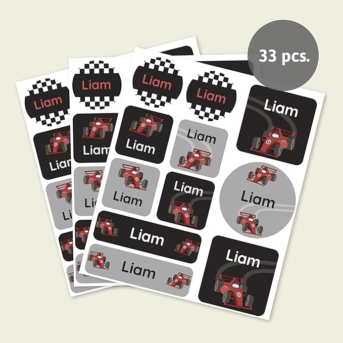 Large Name Labels for Kids (33) - Custom Stickers for Daycare and School Supplies - Durable, Waterproof Stickers for Water Bottles, Lunch Boxes, and More with Unique Designs - Race Car