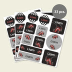 Large Name Labels for Kids (33) - Custom Stickers for Daycare and School Supplies - Durable, Waterproof Stickers for Water Bottles, Lunch Boxes, and More with Unique Designs - Race Car