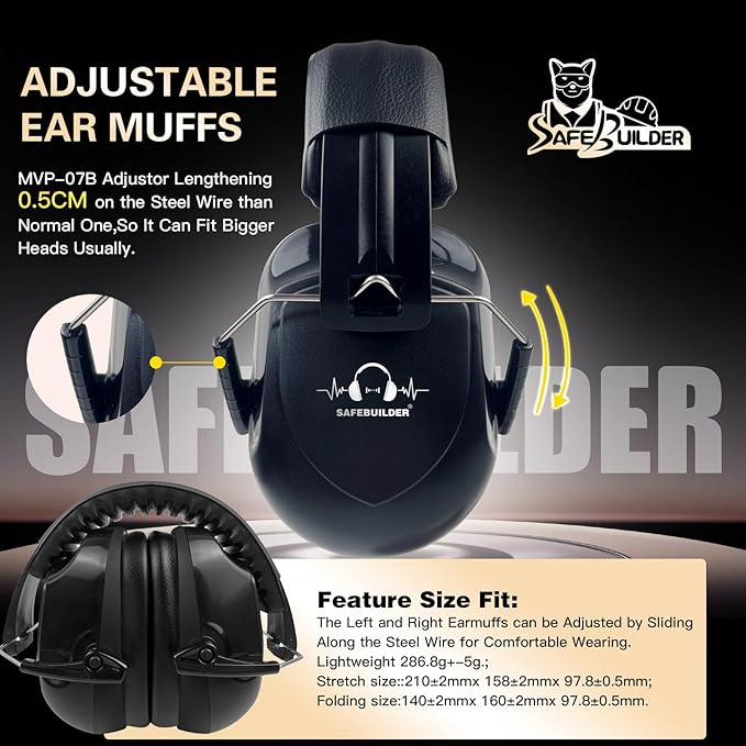 SAFEBUILDER Ear Muffs Noise Reduction SNR 33dB Adjustable Lightweight Safety Earmuffs Sound Proof Noise Cancelling ANSI