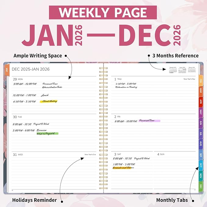 GNL 2026 Planner, Weekly and Monthly Planner (January - December 2026), 8.5" x 11" Monthly Agenda Planner with Waterproof Flexible Cover, Spiral Binding Notebook with Tab, Pockets, Bookmark, Floral