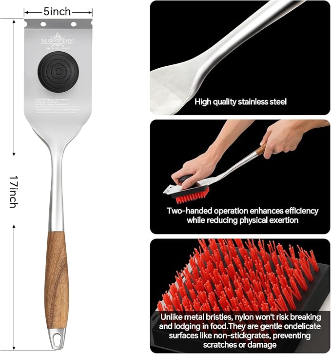 XUDAKAIXIN Nylon Grill Brush,Dual Grip Design,with Extended Luxurious Acaciawood Handle,Safe Nylon Bristles Barbecue Triple Scrubbers Cleaning Brush for Cast Iron Grates/Porcelain/Charcoal Grill