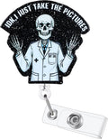 IDK,I Just Take The Pictures Funny Radiology Skeleton Nurse Badge Reel, Cute RT Retractable ID Card Badge Holder, Name Tag Badge Buddy for RN CT MRI RAD Nurse Nursing Student Radiologist X-Ray Tech