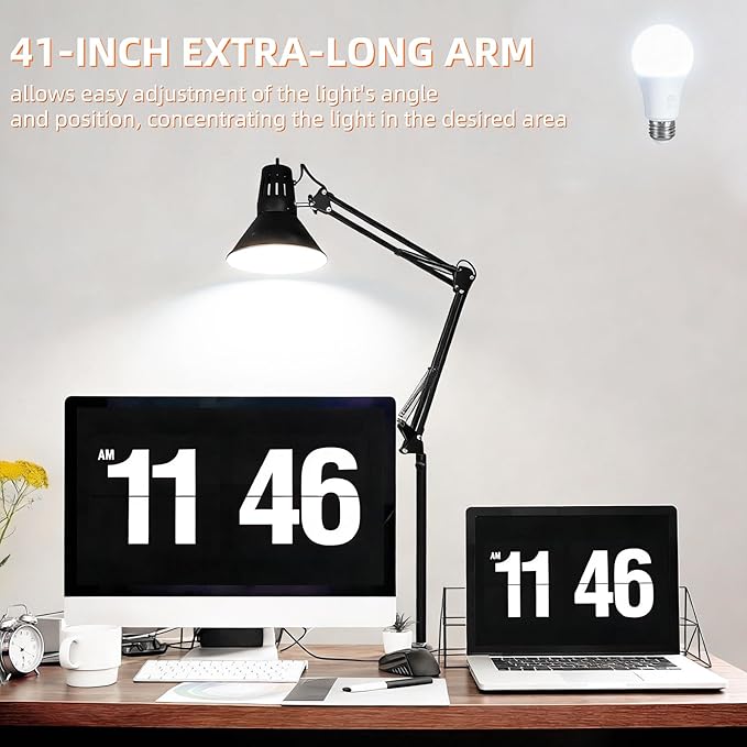 2 Pack LED Desk Lamp Dimmable with Clamp, Eye-Caring Clip on Lights for Home Office, 3 Adjustable Color Temperature, Extra Tall Metal Swing Arm, High Intensity Clamp w/A19 E26 Bulb for Working Reading