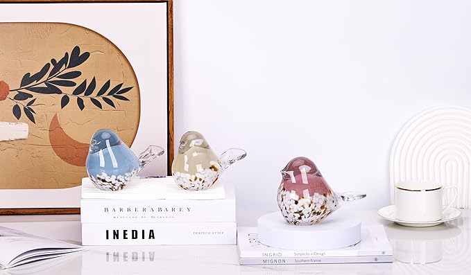 WUBIANJIE Hand Blown Glass Bird Statue Collectible Animal Art Paperweight, Living Room Bedroom Bookshelf Coffee Table Small Ornaments Shelf Home Decoration (Yellow)