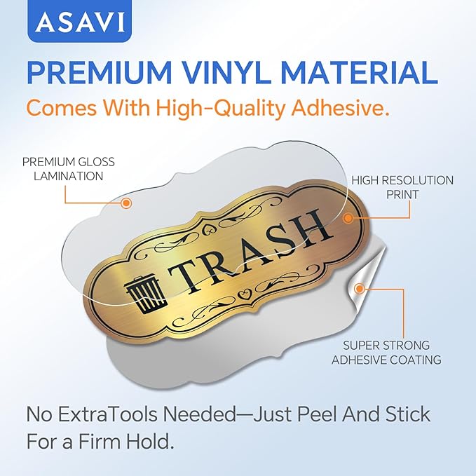 ASAVI Trash & Recycle Stickers – 2-Pack Self-Adhesive Vinyl Labels, Waterproof & Durable (Brushed Gold Black, Medium 6.3 x 2.7 inches)