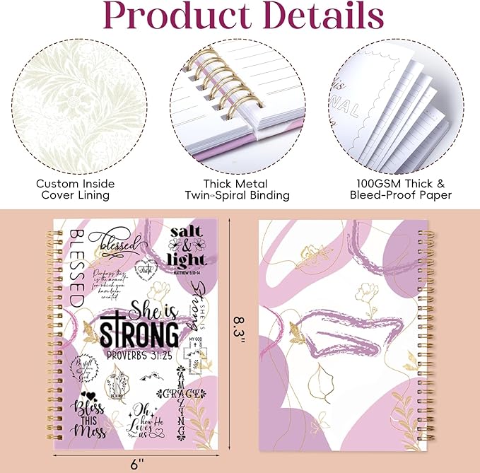 XKDOUS Hardcover Spiral Notebook with Tabs and Bible Tracker, College Ruled Notebook Journal, Church Notes Journal for Women, Bible Journal, Blank Notebooks for Work School Note taking, Purple