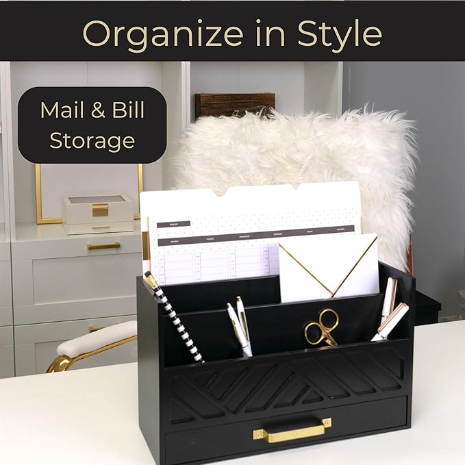 BLU MONACO | Wooden Mail Organizer with Drawer and Gold Handle | Mail Sorter Organizer Countertop for Desk | Outgoing Mail Holder and Letter Sorter for Desk Storage