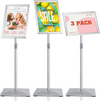 VAIIGO 11"x17" Pedestal Poster Stand with Heavy Duty Solid Steel Base, Adjustable Floor Standing Sign Holder for Vertical and Horizontal Display, Silver 3Pack