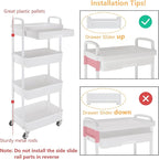 Calmootey 4-Tier Rolling Utility Cart with Drawer,Multifunctional Storage Organizer with Plastic Shelf & Metal Wheel,Storage Cart for Kitchen,Bathroom,Living Room,Office,White