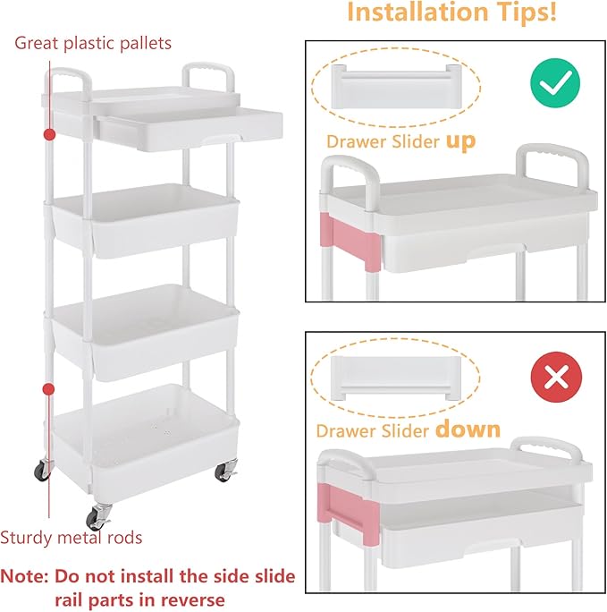 Calmootey 4-Tier Rolling Utility Cart with Drawer,Multifunctional Storage Organizer with Plastic Shelf & Metal Wheel,Storage Cart for Kitchen,Bathroom,Living Room,Office,White
