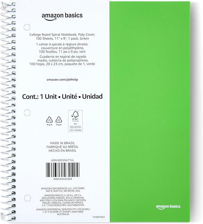 Amazon Basics Notebooks, College-Ruled Spiral Notebook with Poly Cover, For Work and School, 100 Sheets, 11" x 9", Green, 1-Pack