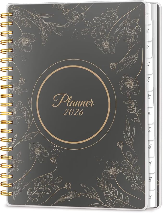2026 Planner 8.5 x 11, Large Weekly Monthly Planners with Tabs, A4 Spiral Bound Daily Calendar 2026 Planner, 12 Month Agenda from Jan. to Dec., Flexible Cover Appointment Book(Black Gold Flower)