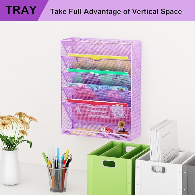 GDINDINFAN Hanging Wall File Organizer 6 Tier Wall Mounted Mail Paper Folder Holder Document Organization Stand, Vertical Desk Magazine Rack for Office Home Cubicle Countertop, Light Purple