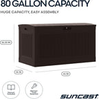 Suncast 80-Gal. Waterproof Resin Large Outdoor Patio Deck Box with Pad-Lockable Lid, Modern Outdoor Patio Bench/Storage Box for Cushions, Garden Tools, and More, Java
