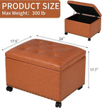 Decent Home 24" Square Ottomans with Storage, Leather Ottoman with Storage with Lockable Wheels and Hight Loading, Foot Stool Ottoman with Wheels for Makeup Room, Dorms and Apartments (Orange Brown)