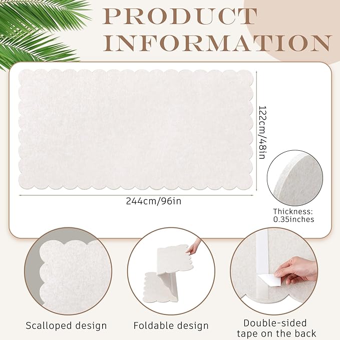 Mooliwe Scalloped Felt Bulletin Board 96 x 48 Inches Foldable Beige Pin Cork Board Alternative for Wall, 8' x 4' Trifold Picture Vision Self Adhesive Bulletin Decorative