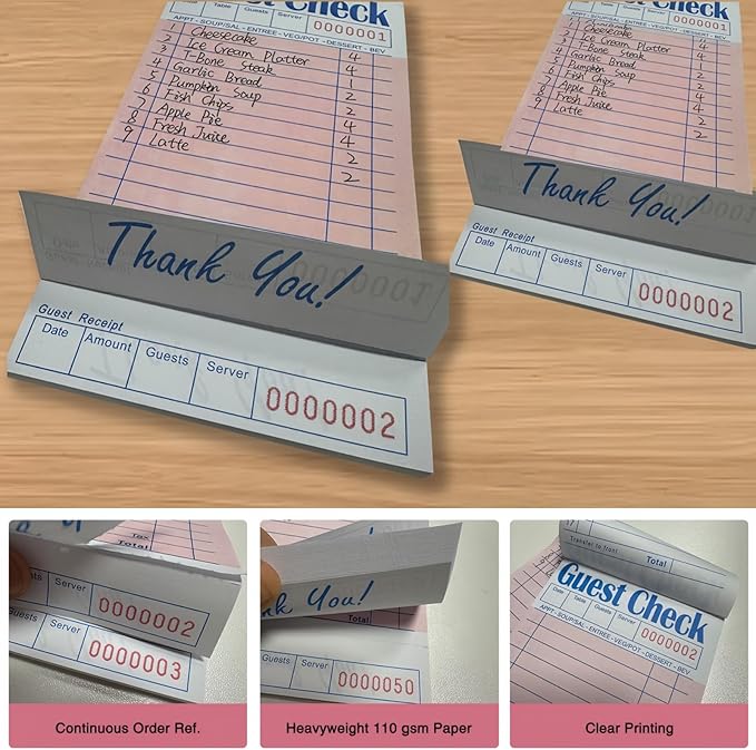 Guest Check Books 10 Pack, Guest Checks for Servers, Server Note Pads, Waitress Accessories Writing Pad, Thick Server Paper with Guest Receipts, Restaurant Supplies Order Pad Total 500 Sheets（Pink)