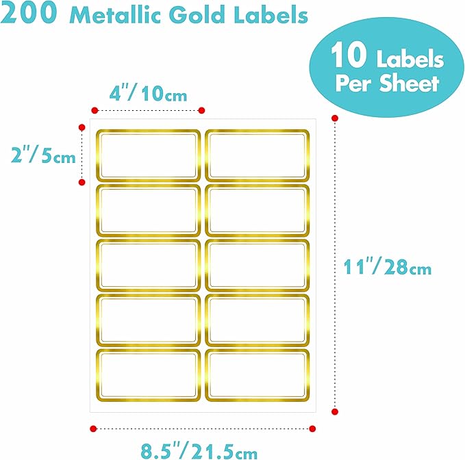 200 PCS Gold Metallic Name Labels, Blank Name Tag Stickers with Permanent Adhesive Writable Stickers with Metallic Gold Border for School Office Home (Letter Size per Sheet, Each Measures 2" x 4")