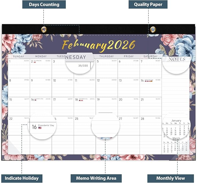 Desk Calendar 2026, Monthly Desktop Large Calendar (Jan 2026 - Jun 2027) 17" x 12" Desk Wall Planner for Family Teacher School Office Supplies, Vintage Floral